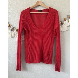 Rag & Bone Red Mohair Wool Blend Ribbed Knit V-neck Long Sleeve Top Basics S